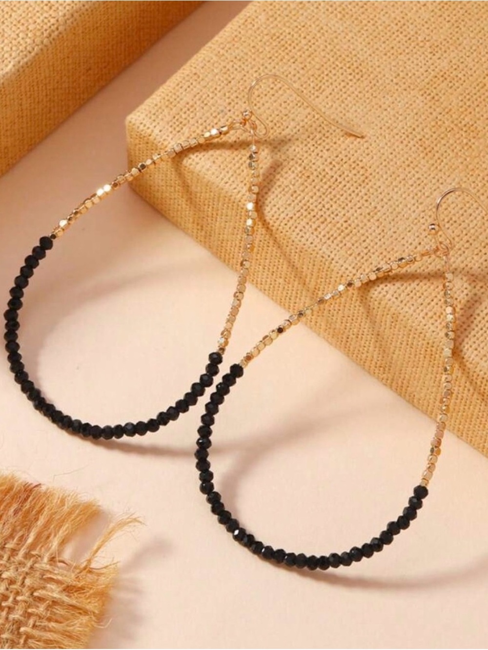 Gold and Black Beaded Hoop Earrings - Women Jewelry